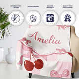 Cherry Bow Ribbon Cute Pink Gingham Picnic Check Seamless Pattern  Personalised Custom Name Super Soft Fleece Blanket Bed Sofa Throw