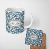 Personalized Custom Name Cute Cartoon Husky Faces Playful Seamless Pattern Blue Background 11oz Ceramic Coffee Tea Mug White Large Handle