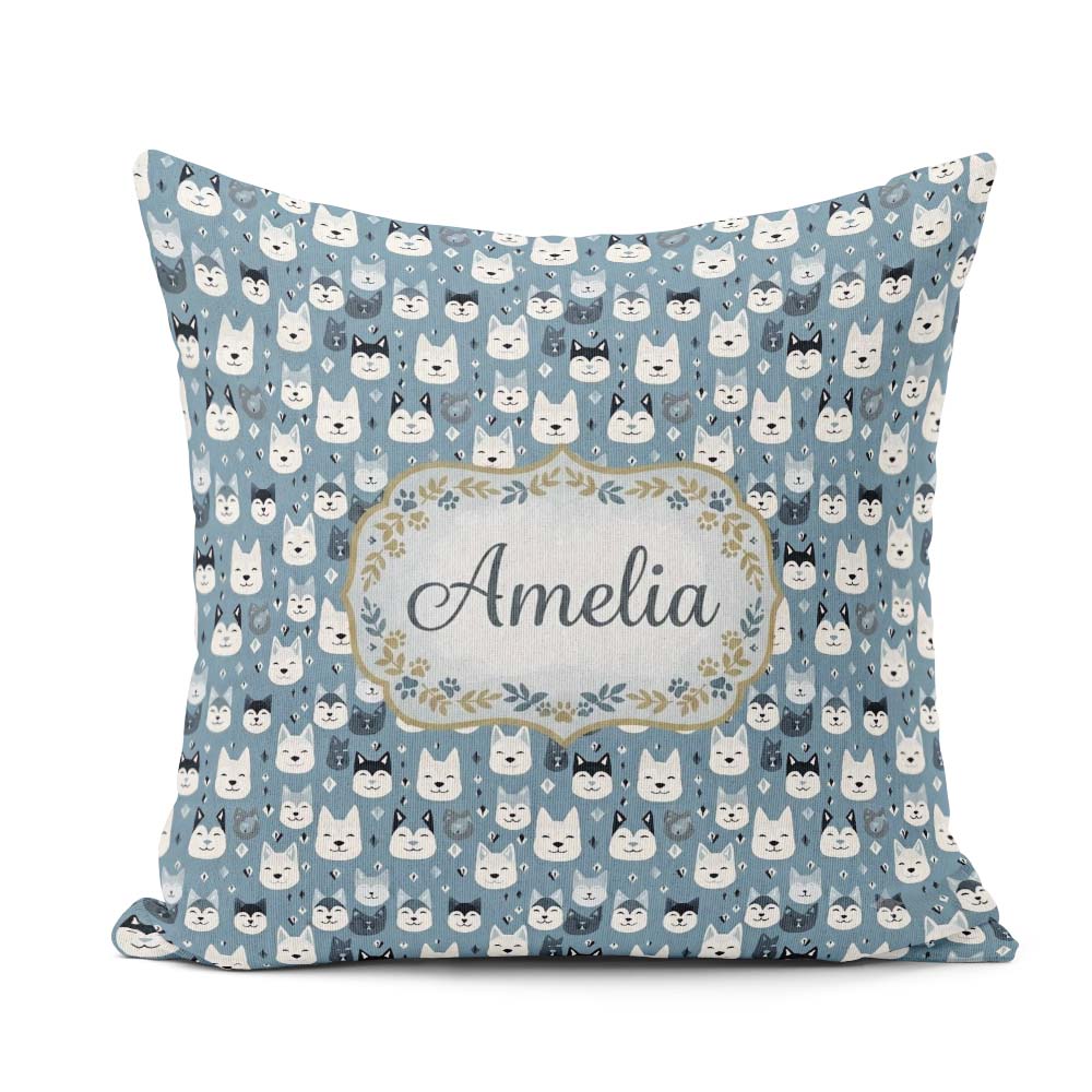 Custom Name Cartoon Husky Faces Playful Seamless Blue Background Square Filled Cushion Throw Pillow Sofa Bed Home Decor Zip Washable UK Made