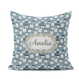 Custom Name Cartoon Husky Faces Playful Seamless Blue Background Square Filled Cushion Throw Pillow Sofa Bed Home Decor Zip Washable UK Made