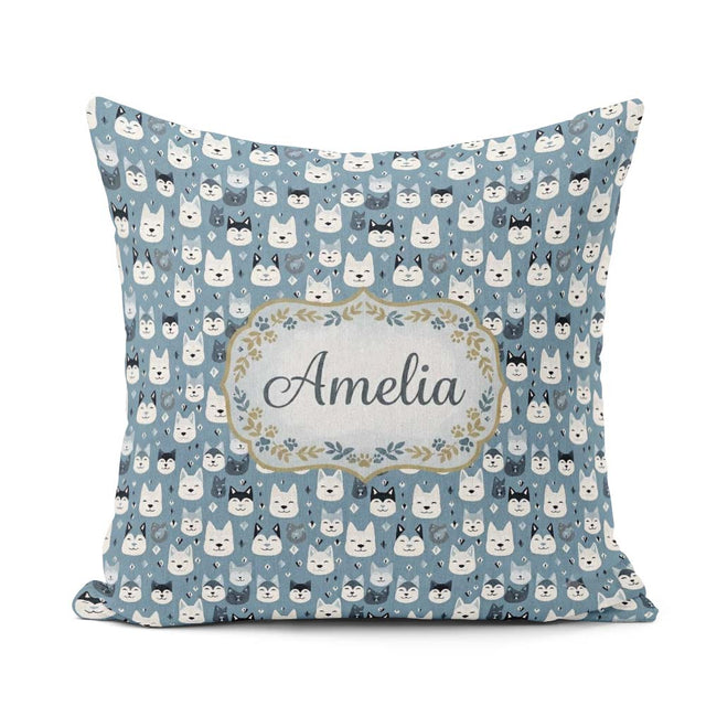 Custom Name Cartoon Husky Faces Playful Seamless Blue Background Square Filled Cushion Throw Pillow Sofa Bed Home Decor Zip Washable UK Made