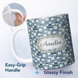Personalized Custom Name Cute Cartoon Husky Faces Playful Seamless Pattern Blue Background 11oz Ceramic Coffee Tea Mug White Large Handle