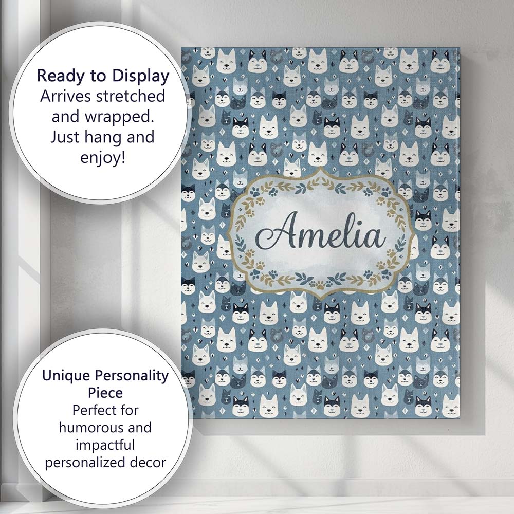 Personalised Name Cute Cartoon Husky Faces Custom  Unique Gift Idea Elegant Feature Canvas Wall Art Print Decor Picture Ready to Hang