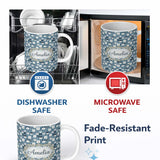 Personalized Custom Name Cute Cartoon Husky Faces Playful Seamless Pattern Blue Background 11oz Ceramic Coffee Tea Mug White Large Handle