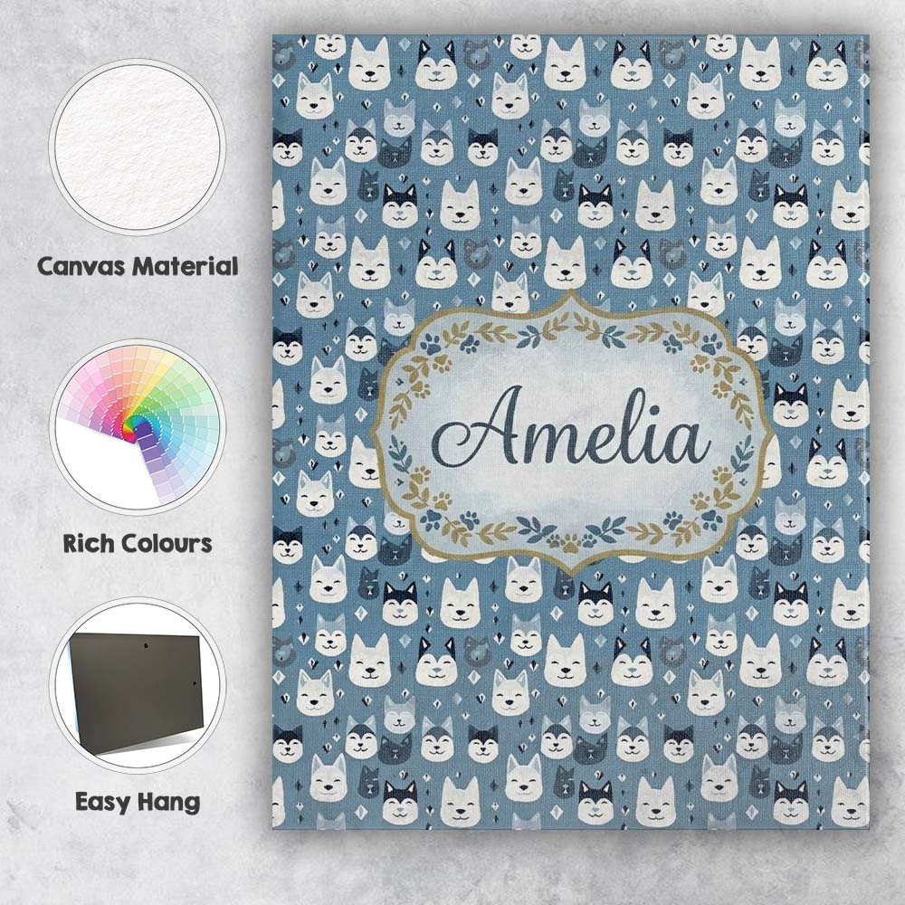 Personalised Name Cute Cartoon Husky Faces Custom  Unique Gift Idea Elegant Feature Canvas Wall Art Print Decor Picture Ready to Hang