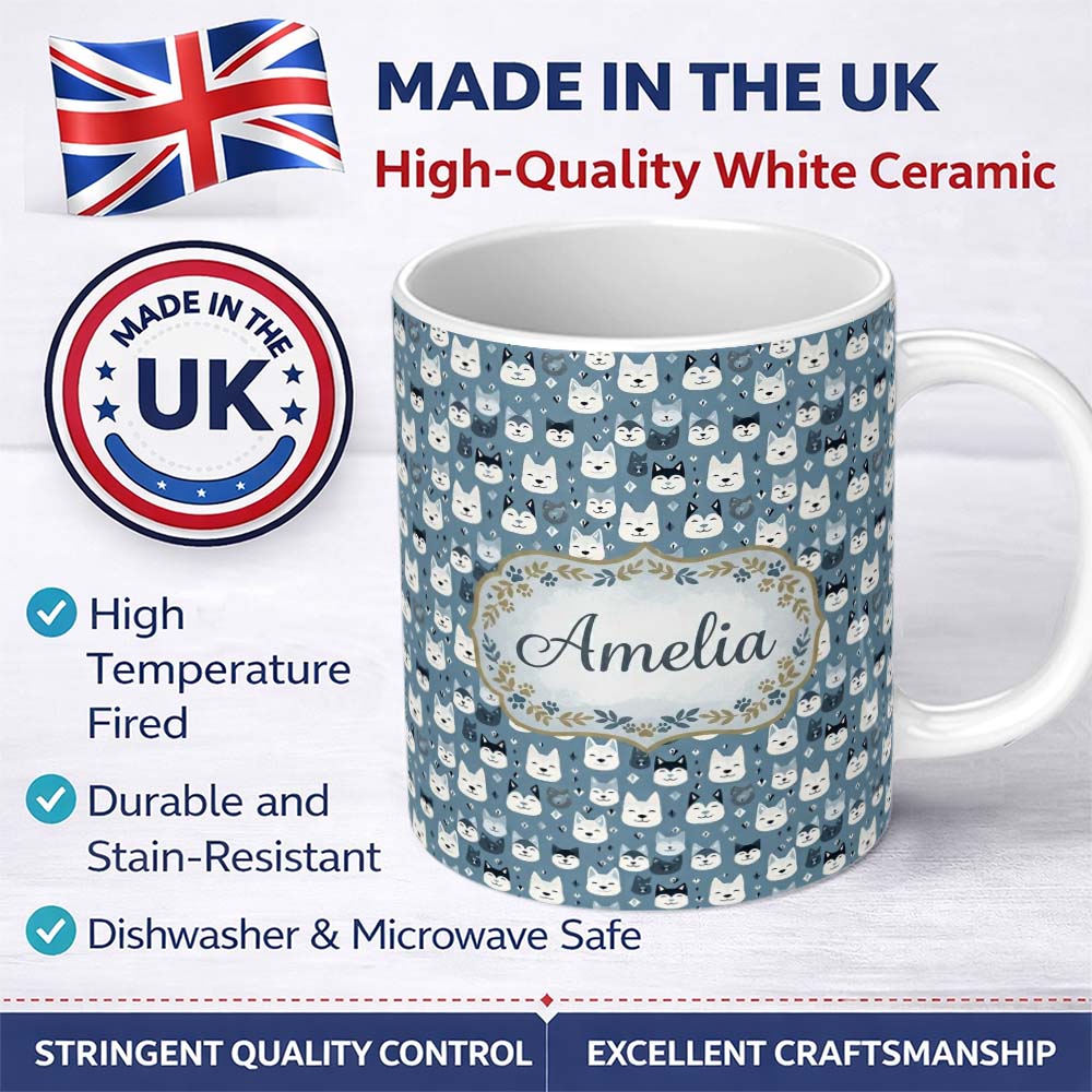 Personalized Custom Name Cute Cartoon Husky Faces Playful Seamless Pattern Blue Background 11oz Ceramic Coffee Tea Mug White Large Handle