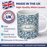 Personalized Custom Name Cute Cartoon Husky Faces Playful Seamless Pattern Blue Background 11oz Ceramic Coffee Tea Mug White Large Handle