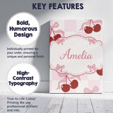 Personalised Name Cherry Bow Ribbon Cute Pink Gingham Picnic Check Custom  Unique Canvas Wall Art Print Decor Picture Ready to Hang