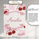 Cherry Bow Ribbon Cute Pink Gingham Picnic Check Seamless Pattern  Personalised Custom Name Super Soft Fleece Blanket Bed Sofa Throw