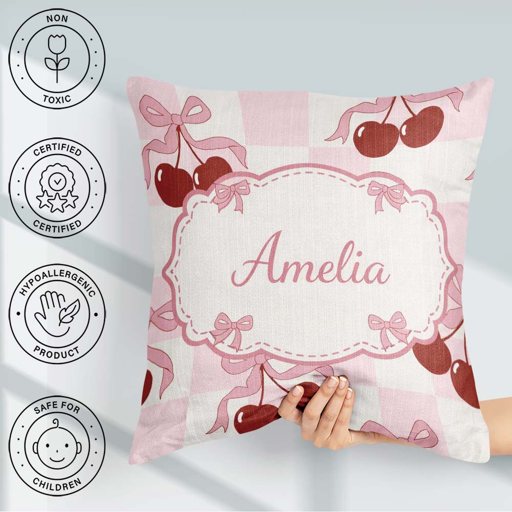 Custom Name Cherry Bow Ribbon Pink Gingham Picnic Check Seamless Square Filled Cushion Throw Pillow Sofa Bed Home Decor Zip Washable UK Made