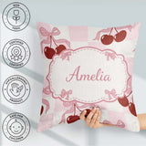 Custom Name Cherry Bow Ribbon Pink Gingham Picnic Check Seamless Square Filled Cushion Throw Pillow Sofa Bed Home Decor Zip Washable UK Made