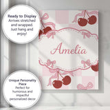 Personalised Name Cherry Bow Ribbon Cute Pink Gingham Picnic Check Custom  Unique Canvas Wall Art Print Decor Picture Ready to Hang
