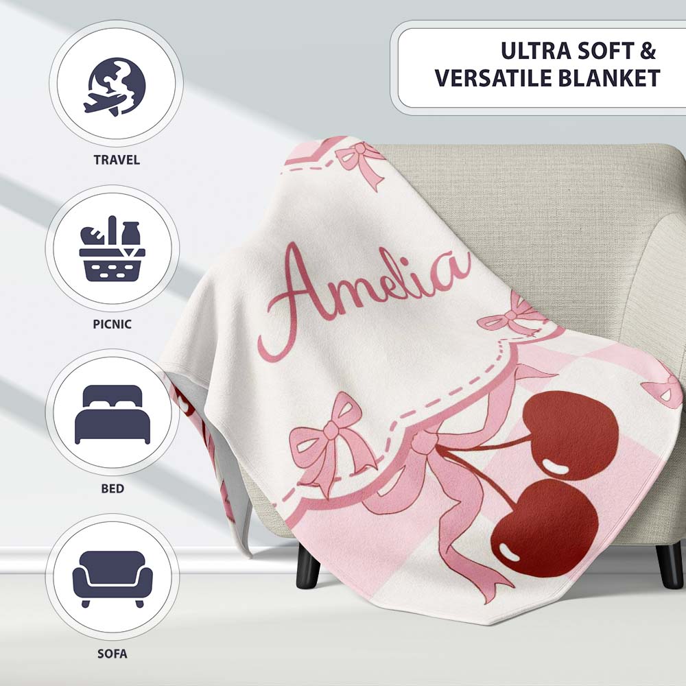 Cherry Bow Ribbon Cute Pink Gingham Picnic Check Seamless Pattern  Personalised Custom Name Super Soft Fleece Blanket Bed Sofa Throw