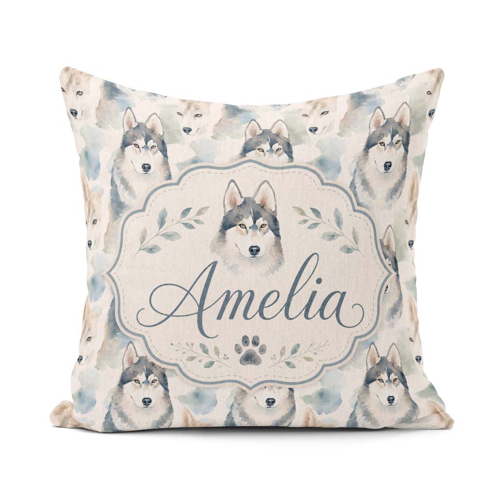 Custom Name Watercolor Husky Dogs Soft Artistic Seamless Pattern Square Filled Cushion Throw Pillow Sofa Bed Home Decor Zip Washable UK Made