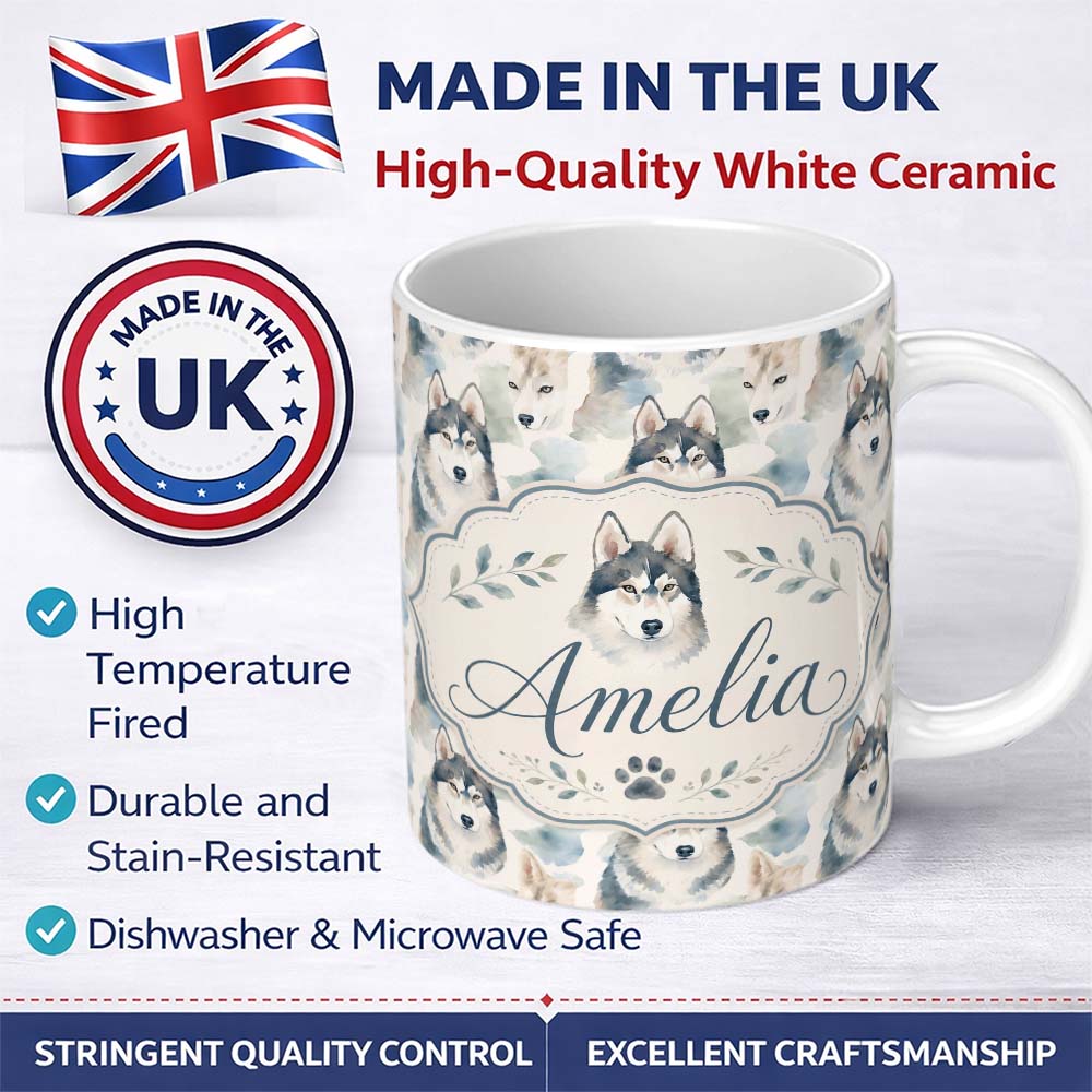 Personalized Custom Name Watercolor Husky Dogs Soft Artistic Seamless Pattern Light 11oz Ceramic Coffee Tea Mug White Large Handle