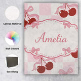 Personalised Name Cherry Bow Ribbon Cute Pink Gingham Picnic Check Custom  Unique Canvas Wall Art Print Decor Picture Ready to Hang