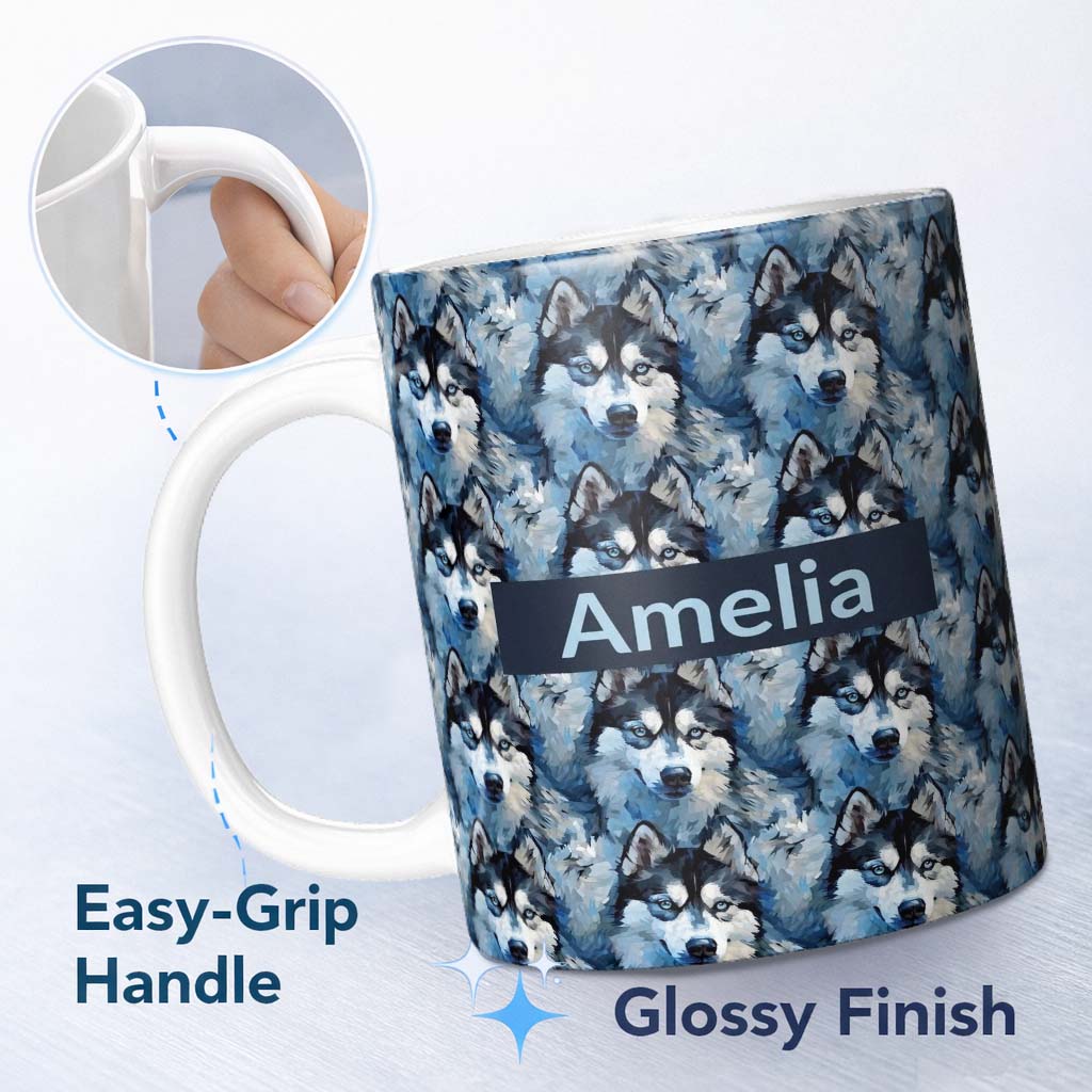 Personalized Custom Name Dark Blue Graphic Husky Pattern Modern Geometric Repeat Design Name 11oz Ceramic Coffee Tea Mug White Large Handle