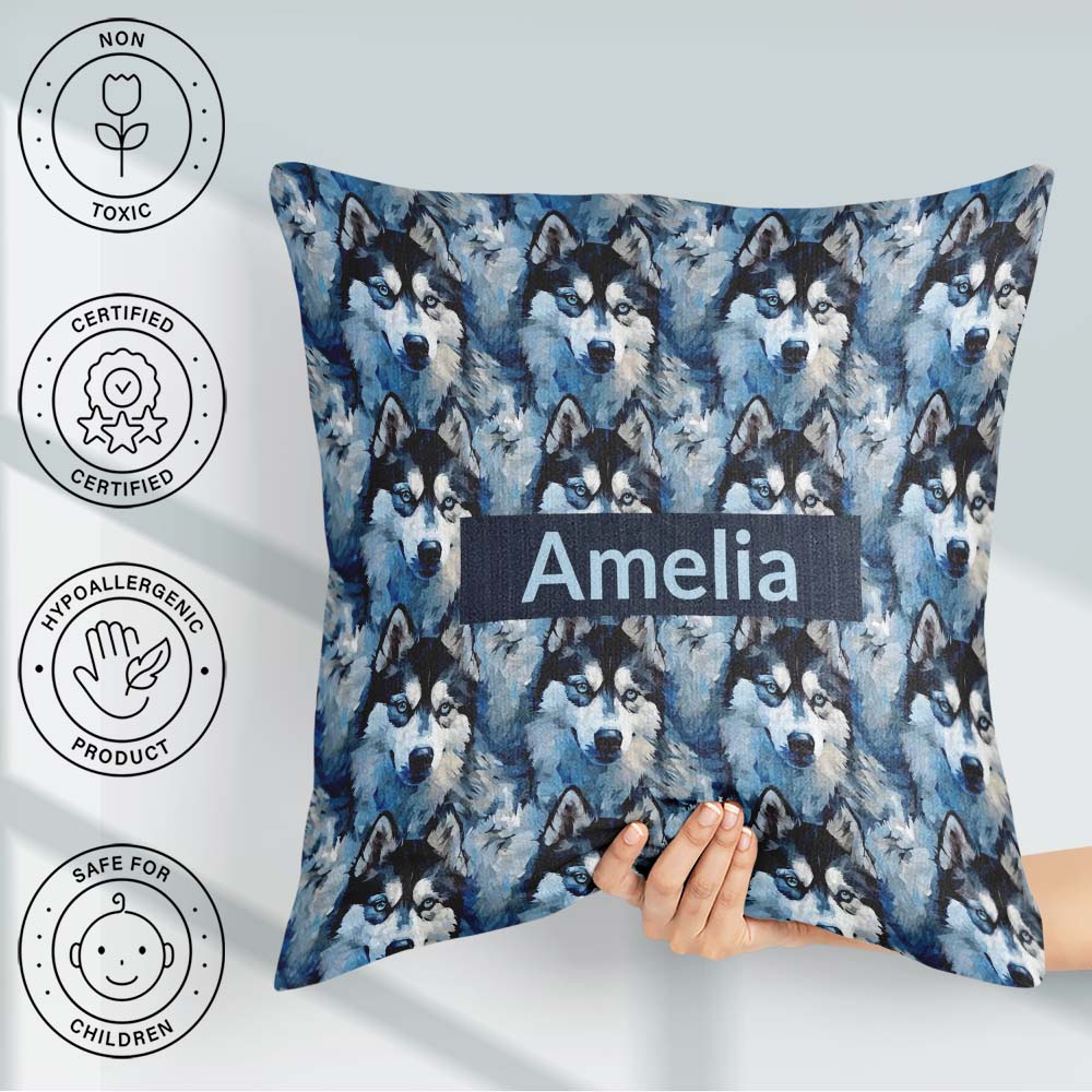 Custom Name Dark Blue Graphic Husky Pattern Modern Repeat Design Square Filled Cushion Throw Pillow Sofa Bed Home Decor Zip Washable UK Made
