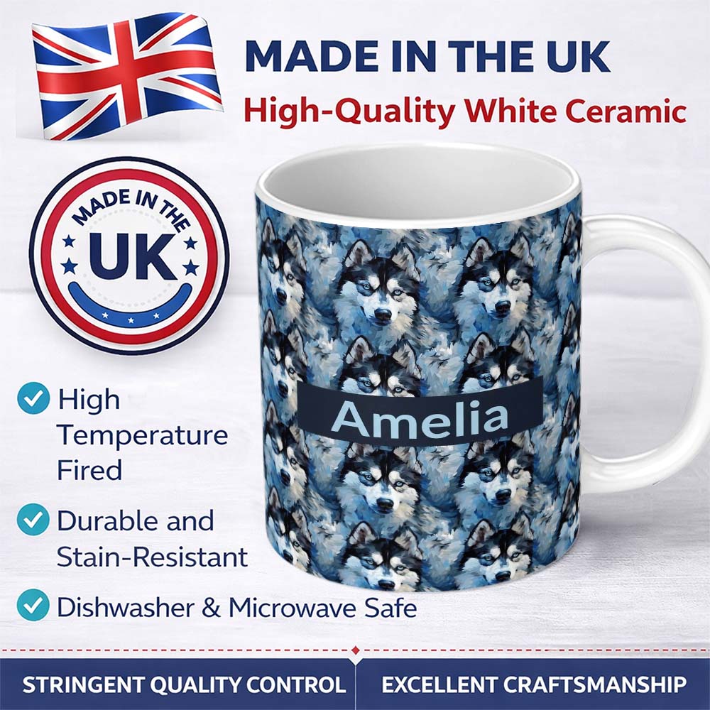 Personalized Custom Name Dark Blue Graphic Husky Pattern Modern Geometric Repeat Design Name 11oz Ceramic Coffee Tea Mug White Large Handle