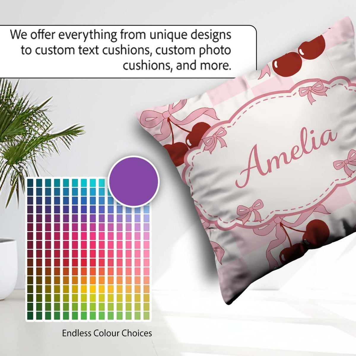 Custom Name Cherry Bow Ribbon Pink Gingham Picnic Check Seamless Square Filled Cushion Throw Pillow Sofa Bed Home Decor Zip Washable UK Made