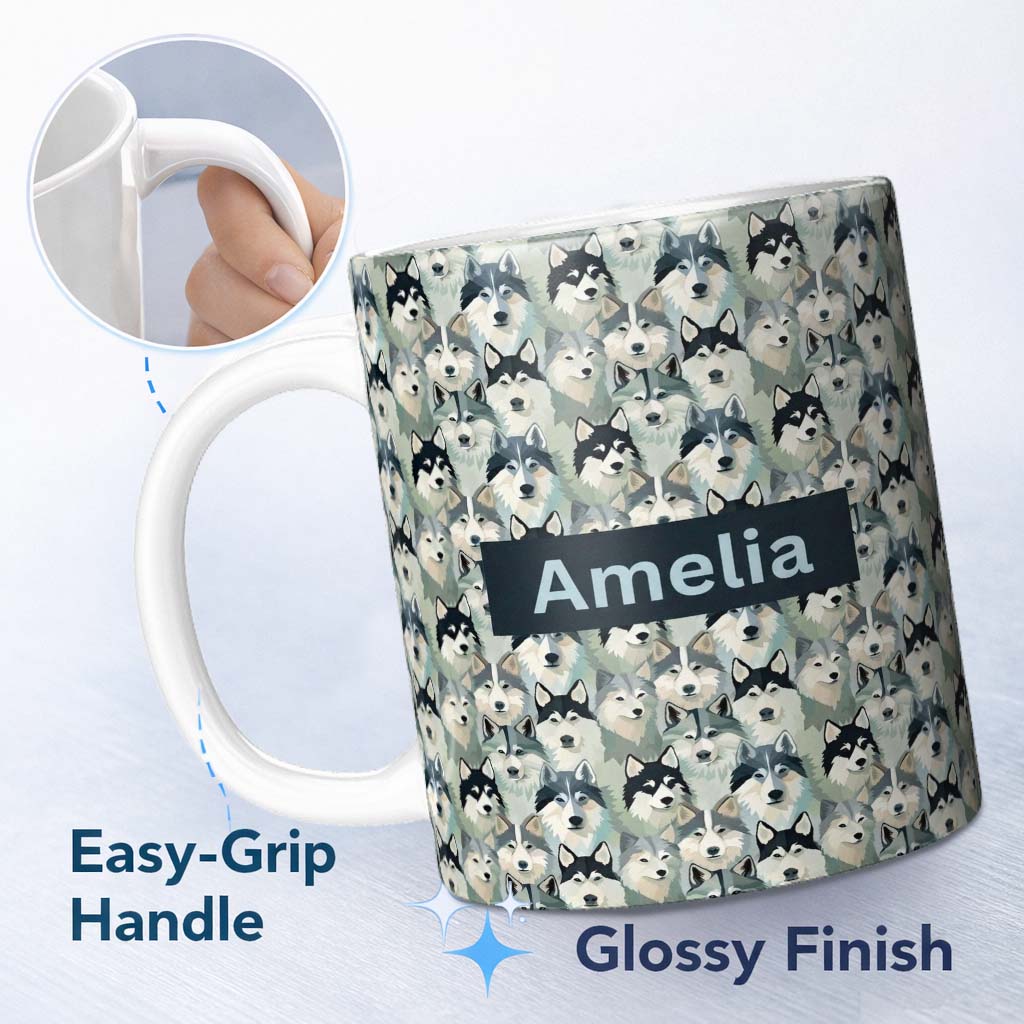 Personalized Custom Name Wolf Pack Style Husky Faces Dense Pattern Natural Tones Name Cute 11oz Ceramic Coffee Tea Mug White Large Handle