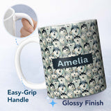 Personalized Custom Name Wolf Pack Style Husky Faces Dense Pattern Natural Tones Name Cute 11oz Ceramic Coffee Tea Mug White Large Handle