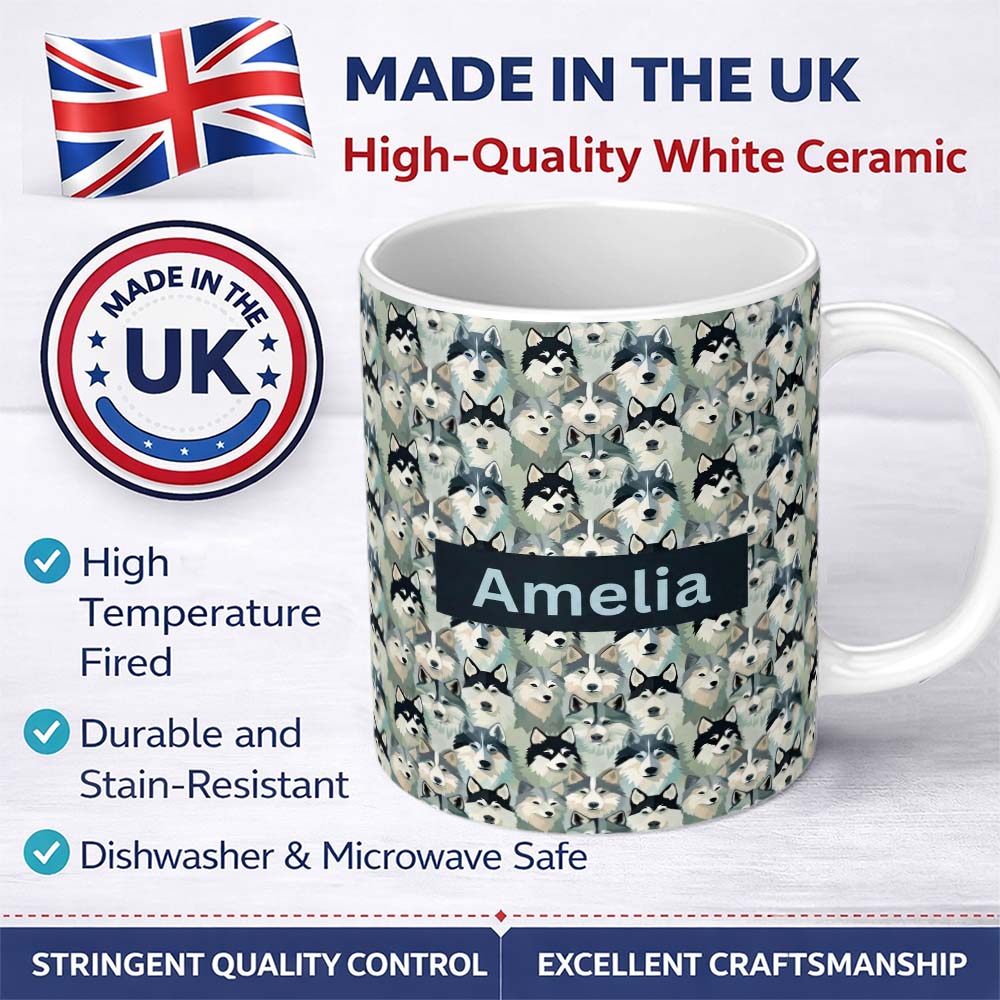 Personalized Custom Name Wolf Pack Style Husky Faces Dense Pattern Natural Tones Name Cute 11oz Ceramic Coffee Tea Mug White Large Handle