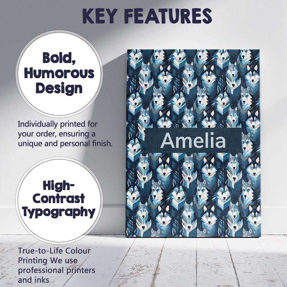 Personalised Name Cool Blue Husky Dog Custom Modern Room Accent Creative Decorator Style Canvas Wall Art Print Decor Picture Ready to Hang