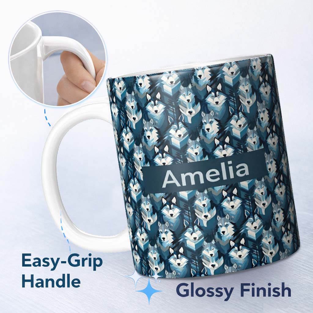 Personalized Custom Name Cool Blue Husky Dog Pattern Bold Graphic Seamless Design Name Cute 11oz Ceramic Coffee Tea Mug White Large Handle