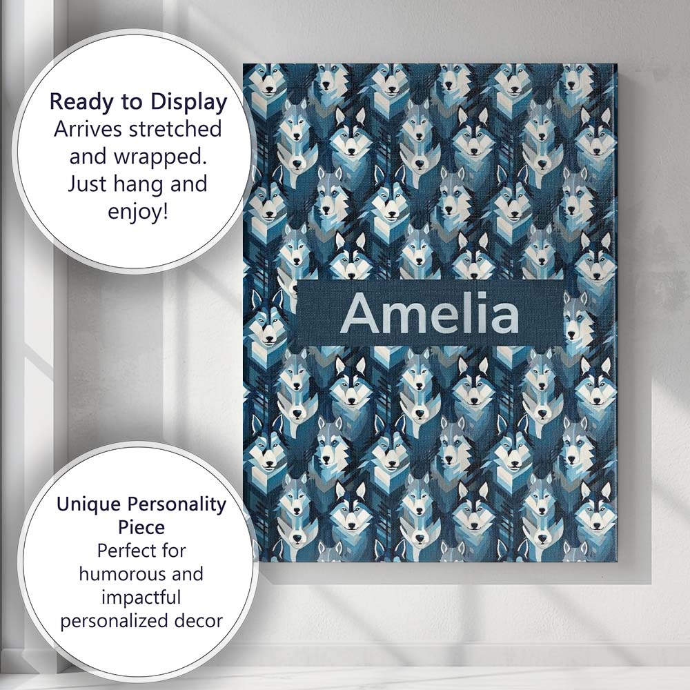 Personalised Name Cool Blue Husky Dog Custom Modern Room Accent Creative Decorator Style Canvas Wall Art Print Decor Picture Ready to Hang