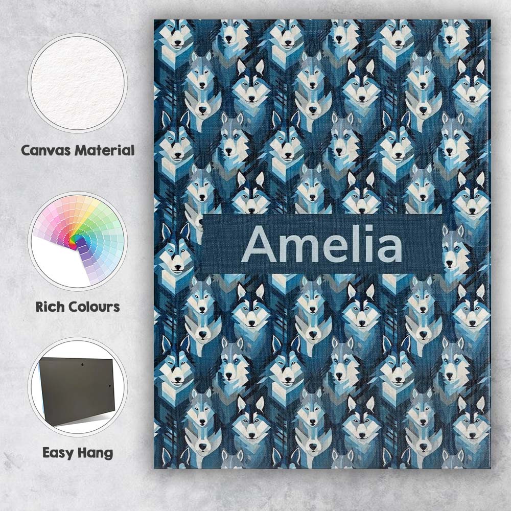 Personalised Name Cool Blue Husky Dog Custom Modern Room Accent Creative Decorator Style Canvas Wall Art Print Decor Picture Ready to Hang