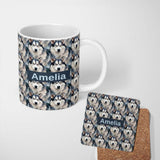 Personalized Custom Name Realistic Husky Dog Portrait Repeat Pattern Soft Neutral Background 11oz Ceramic Coffee Tea Mug White Large Handle