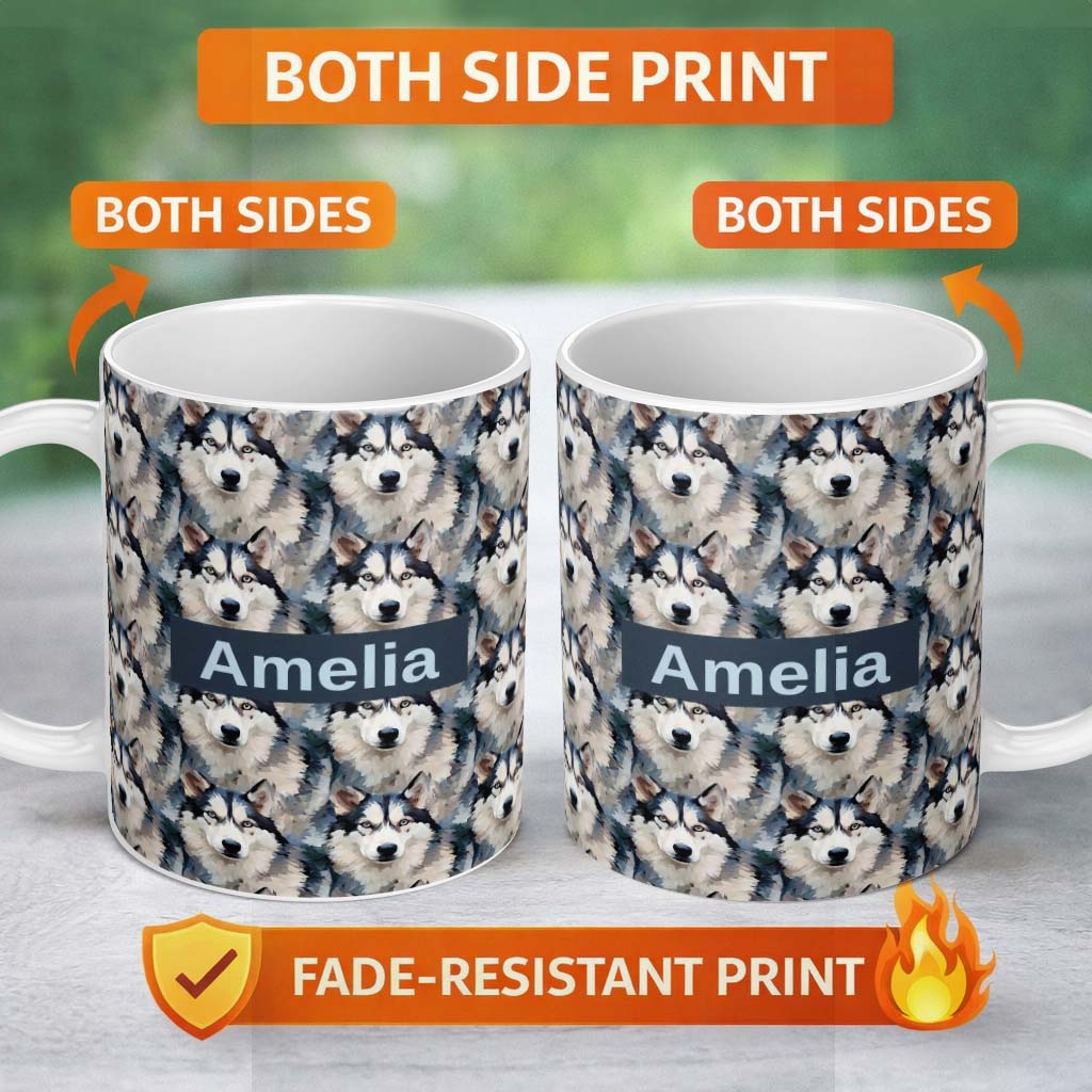 Personalized Custom Name Realistic Husky Dog Portrait Repeat Pattern Soft Neutral Background 11oz Ceramic Coffee Tea Mug White Large Handle