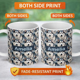 Personalized Custom Name Realistic Husky Dog Portrait Repeat Pattern Soft Neutral Background 11oz Ceramic Coffee Tea Mug White Large Handle