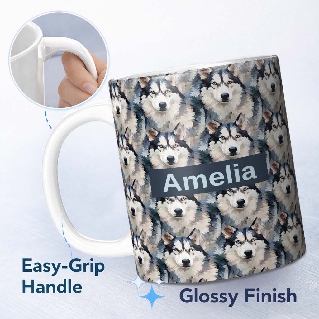 Personalized Custom Name Realistic Husky Dog Portrait Repeat Pattern Soft Neutral Background 11oz Ceramic Coffee Tea Mug White Large Handle