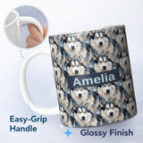 Personalized Custom Name Realistic Husky Dog Portrait Repeat Pattern Soft Neutral Background 11oz Ceramic Coffee Tea Mug White Large Handle