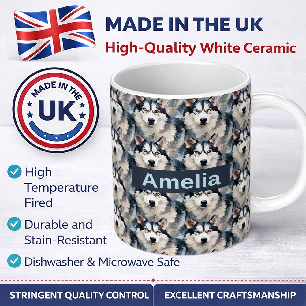 Personalized Custom Name Realistic Husky Dog Portrait Repeat Pattern Soft Neutral Background 11oz Ceramic Coffee Tea Mug White Large Handle