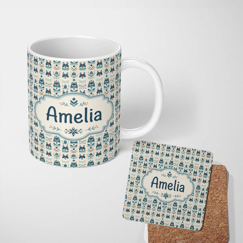 Personalized Custom Name Cute Nordic Husky Folk Style Seamless Pattern Cream Background 11oz Ceramic Coffee Tea Mug White Large Handle