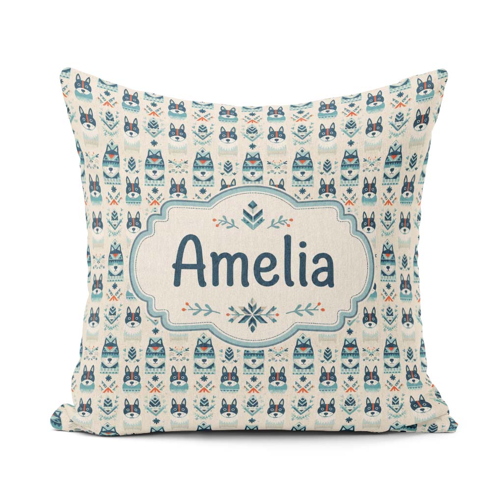 Custom Name Cute Nordic Husky Folk Style Seamless Pattern Cream Square Filled Cushion Throw Pillow Sofa Bed Home Decor Zip Washable UK Made