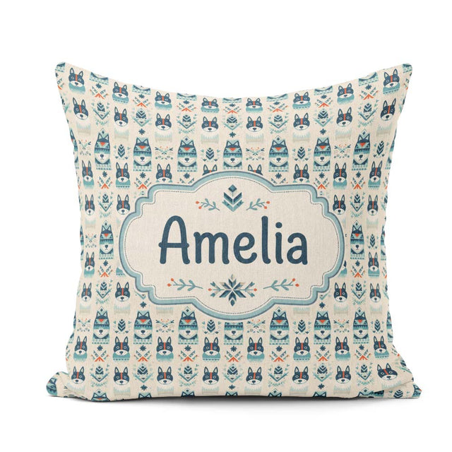 Custom Name Cute Nordic Husky Folk Style Seamless Pattern Cream Square Filled Cushion Throw Pillow Sofa Bed Home Decor Zip Washable UK Made