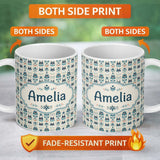 Personalized Custom Name Cute Nordic Husky Folk Style Seamless Pattern Cream Background 11oz Ceramic Coffee Tea Mug White Large Handle