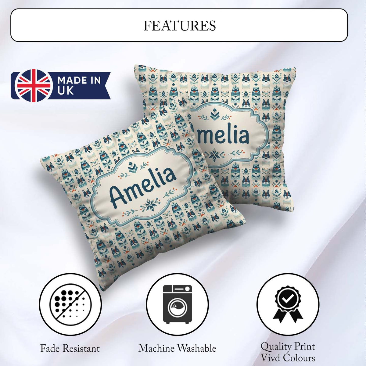 Custom Name Cute Nordic Husky Folk Style Seamless Pattern Cream Square Filled Cushion Throw Pillow Sofa Bed Home Decor Zip Washable UK Made