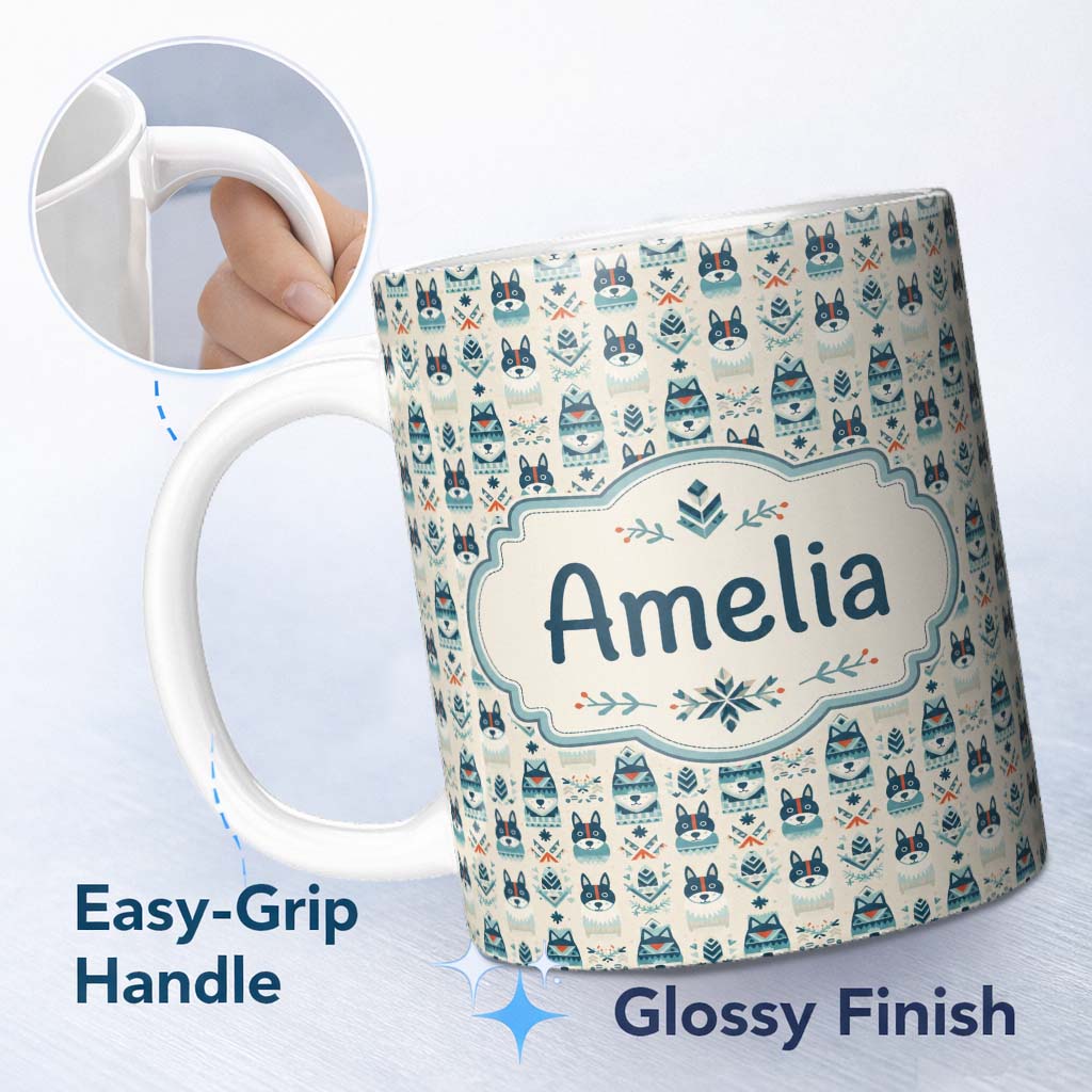 Personalized Custom Name Cute Nordic Husky Folk Style Seamless Pattern Cream Background 11oz Ceramic Coffee Tea Mug White Large Handle