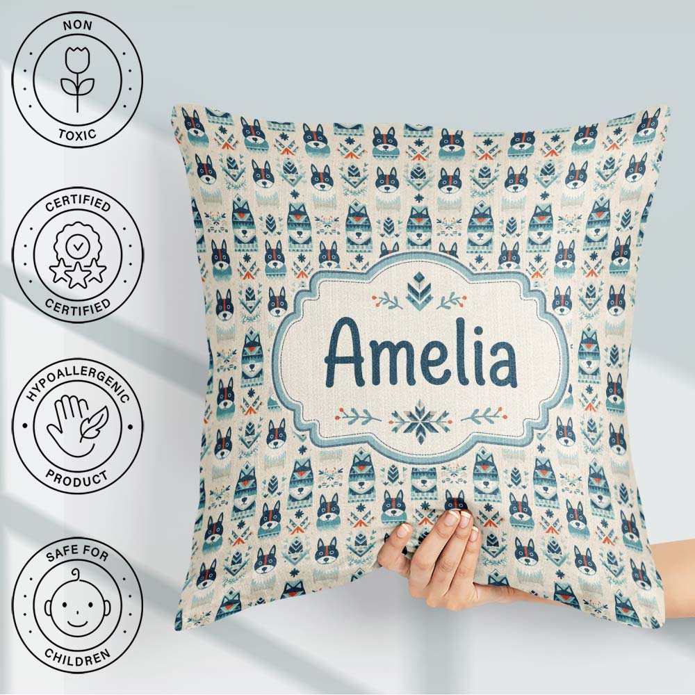 Custom Name Cute Nordic Husky Folk Style Seamless Pattern Cream Square Filled Cushion Throw Pillow Sofa Bed Home Decor Zip Washable UK Made