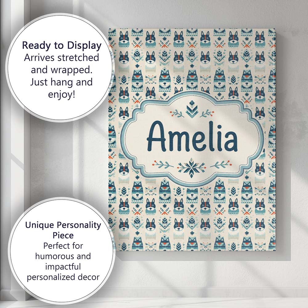 Personalised Name Cute Nordic Husky Folk Custom  Unique Gift Idea Elegant Feature Canvas Wall Art Print Decor Picture Ready to Hang
