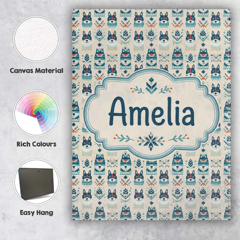 Personalised Name Cute Nordic Husky Folk Custom  Unique Gift Idea Elegant Feature Canvas Wall Art Print Decor Picture Ready to Hang