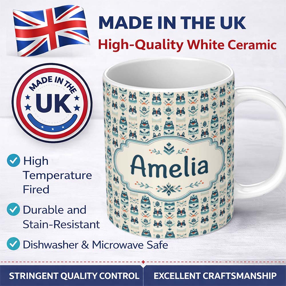 Personalized Custom Name Cute Nordic Husky Folk Style Seamless Pattern Cream Background 11oz Ceramic Coffee Tea Mug White Large Handle