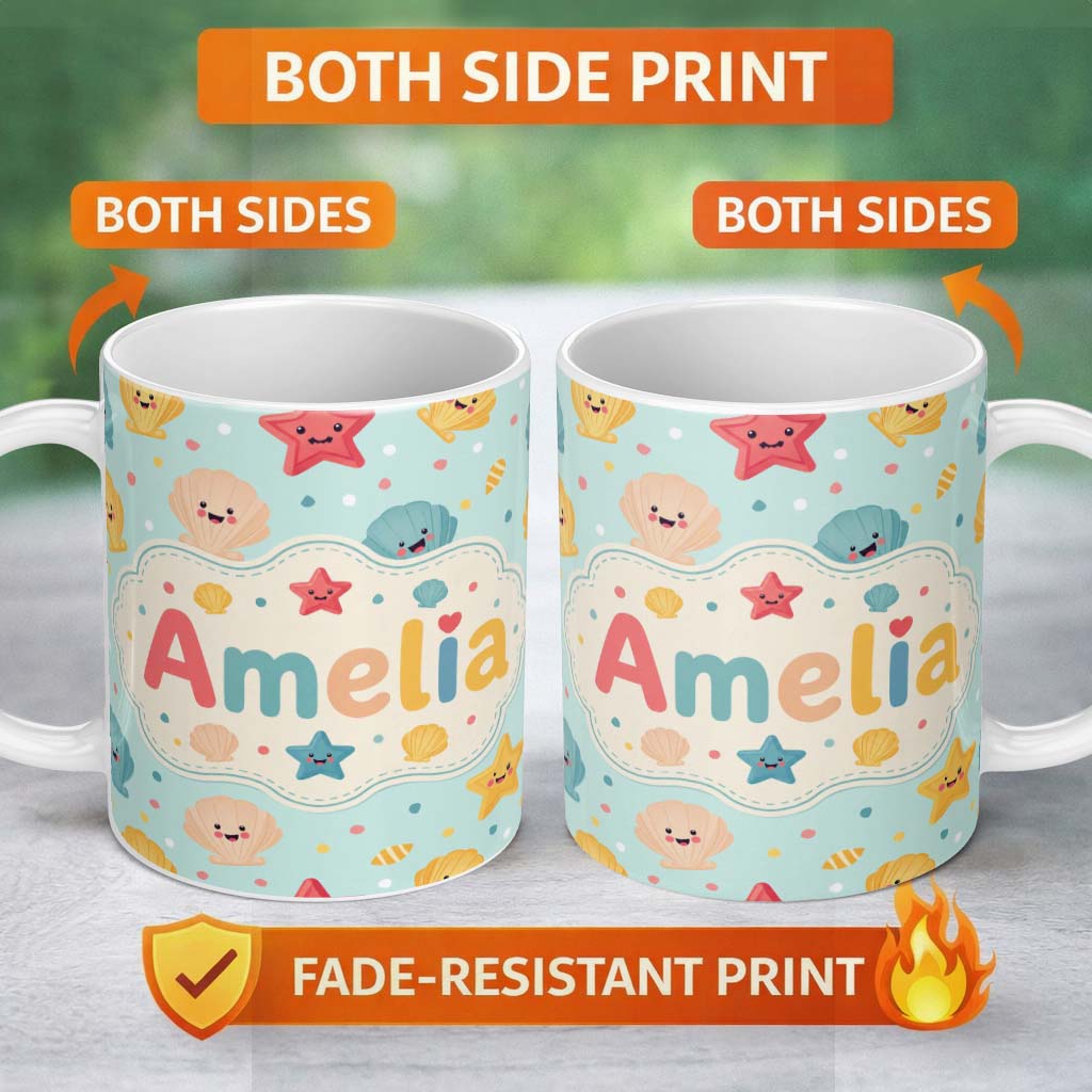 Personalized Custom Name Cute Kawaii Seashells Starfish Pastel Ocean Confetti Seamless Lovely 11oz Ceramic Coffee Tea Mug White Large Handle