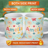 Personalized Custom Name Cute Kawaii Seashells Starfish Pastel Ocean Confetti Seamless Lovely 11oz Ceramic Coffee Tea Mug White Large Handle
