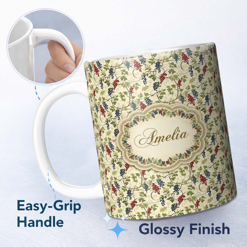 Personalized Custom Name Red and Blue Grapes with Green Vine Leaves Seamless Pattern Lovely 11oz Ceramic Coffee Tea Mug White Large Handle